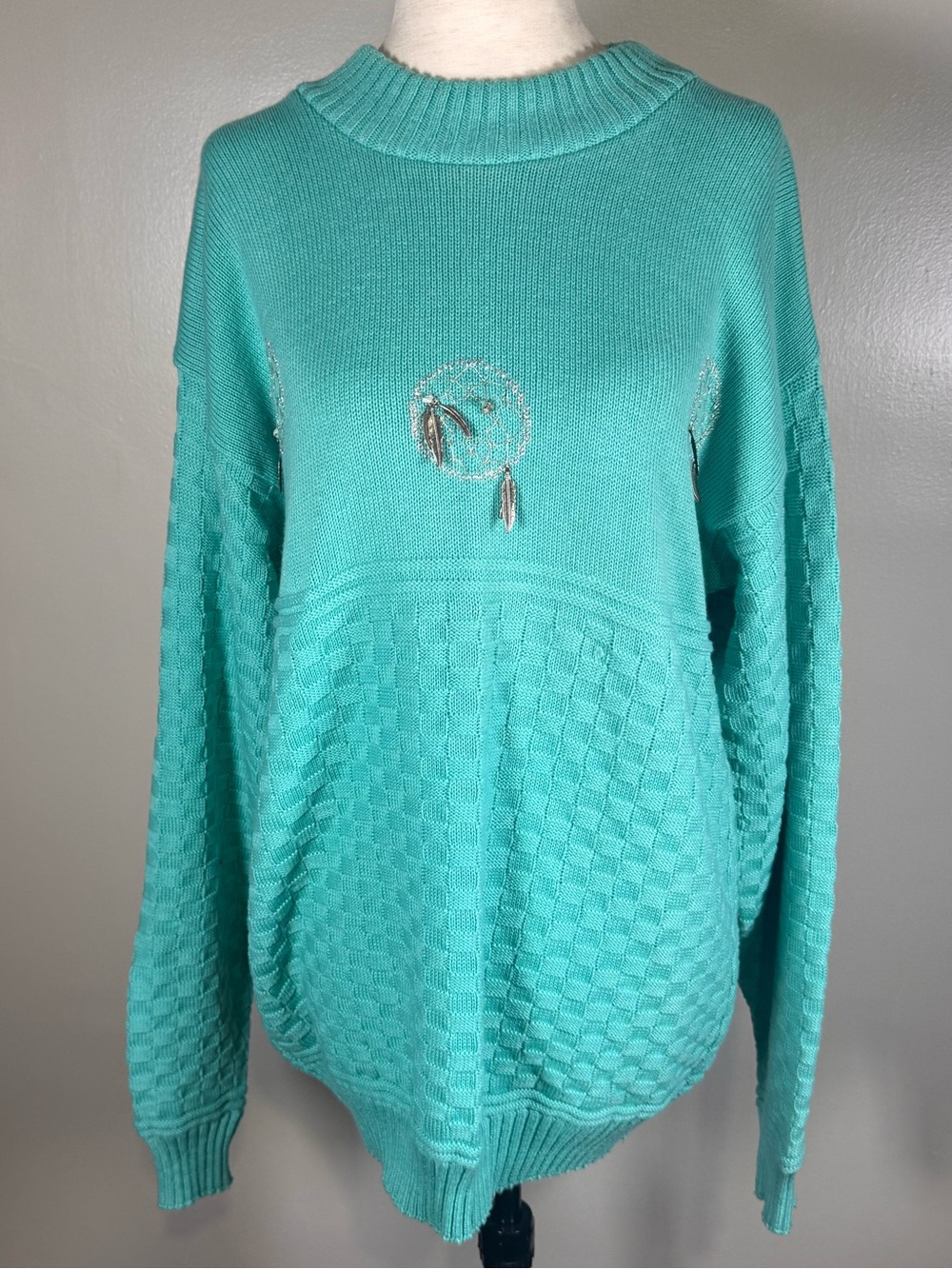 Vintage 90s Turquoise Beaded Dreamcatcher Feather Embroidered Boho Sweater Sz M